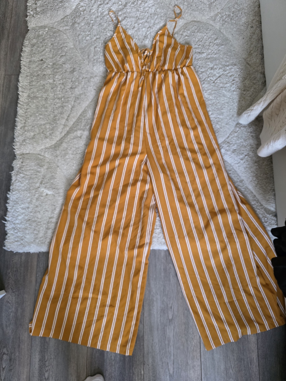 Mustard Striped Wide-Leg Jumpsuit with Adjustable Straps